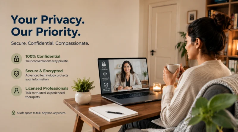 Person attending a secure online therapy session with a licensed therapist, highlighting privacy and confidentiality.