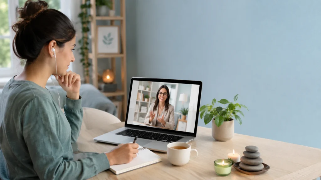 Person attending an online counselling session for health anxiety with a therapist on a laptop.