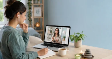 Person attending an online counselling session for health anxiety with a therapist on a laptop.