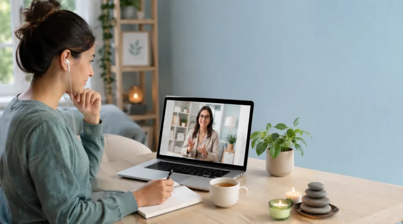 Person attending an online counselling session for health anxiety with a therapist on a laptop.
