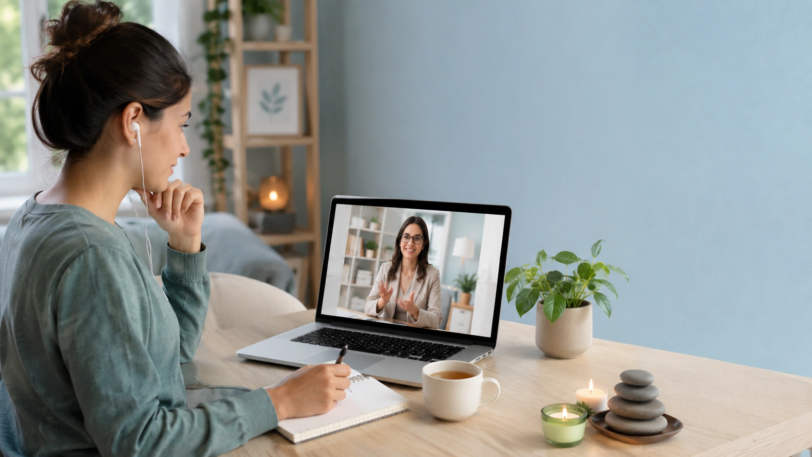 Person attending an online counselling session for health anxiety with a therapist on a laptop.