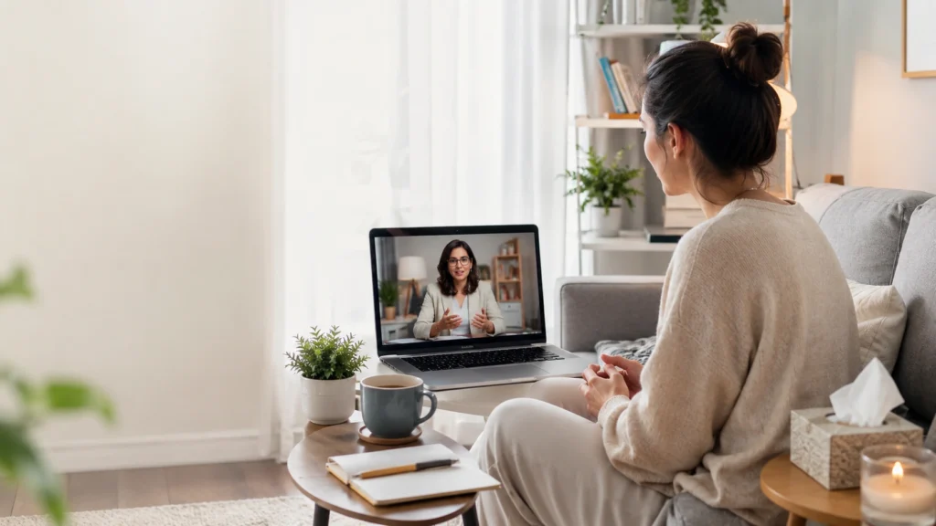 therapist providing an online therapy session for depression to a person at home
