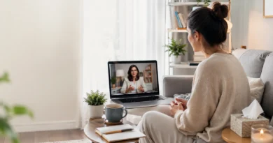 therapist providing an online therapy session for depression to a person at home