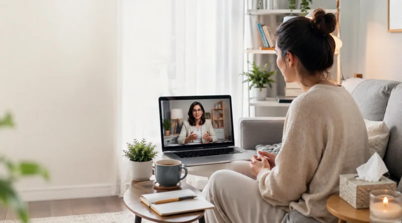 therapist providing an online therapy session for depression to a person at home