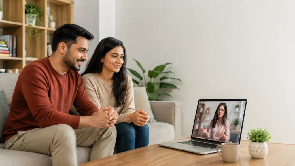 Couple attending an online marriage counselling session to rebuild emotional intimacy and strengthen their relationship.