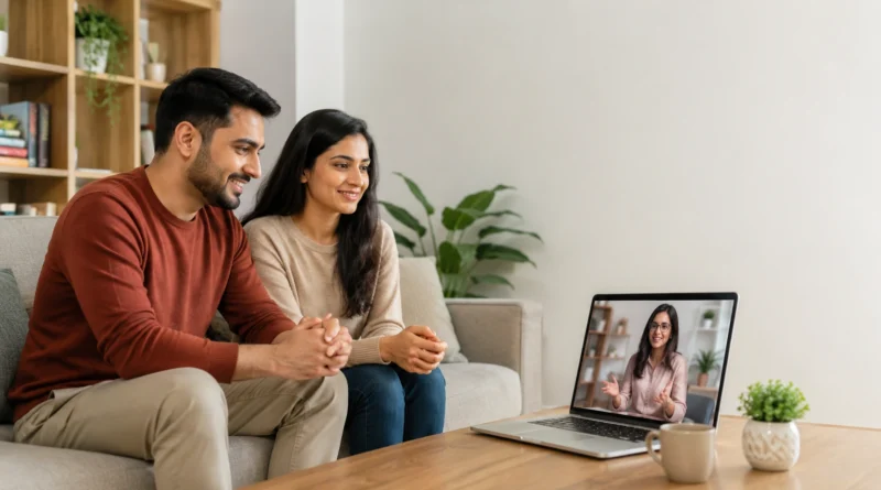Couple attending an online marriage counselling session to rebuild emotional intimacy and strengthen their relationship.