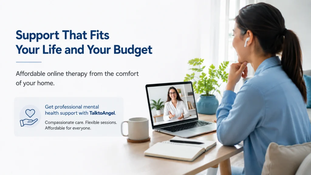 Person attending an affordable online therapy session from home with a psychologist on a laptop.