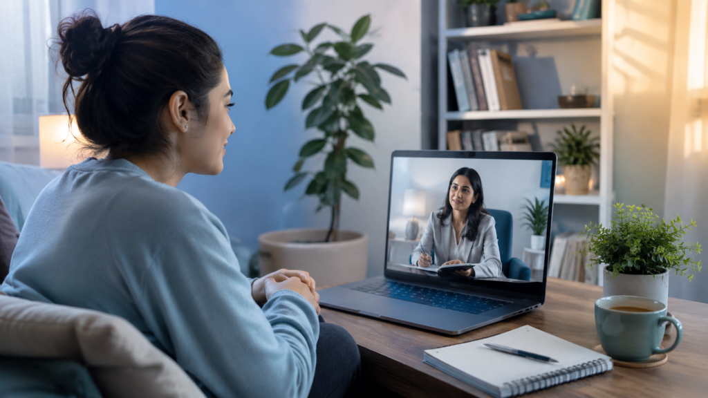 Person experiencing bipolar mood changes during an online counselling session for bipolar disorder diagnosis and therapy.