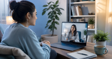 Person experiencing bipolar mood changes during an online counselling session for bipolar disorder diagnosis and therapy.