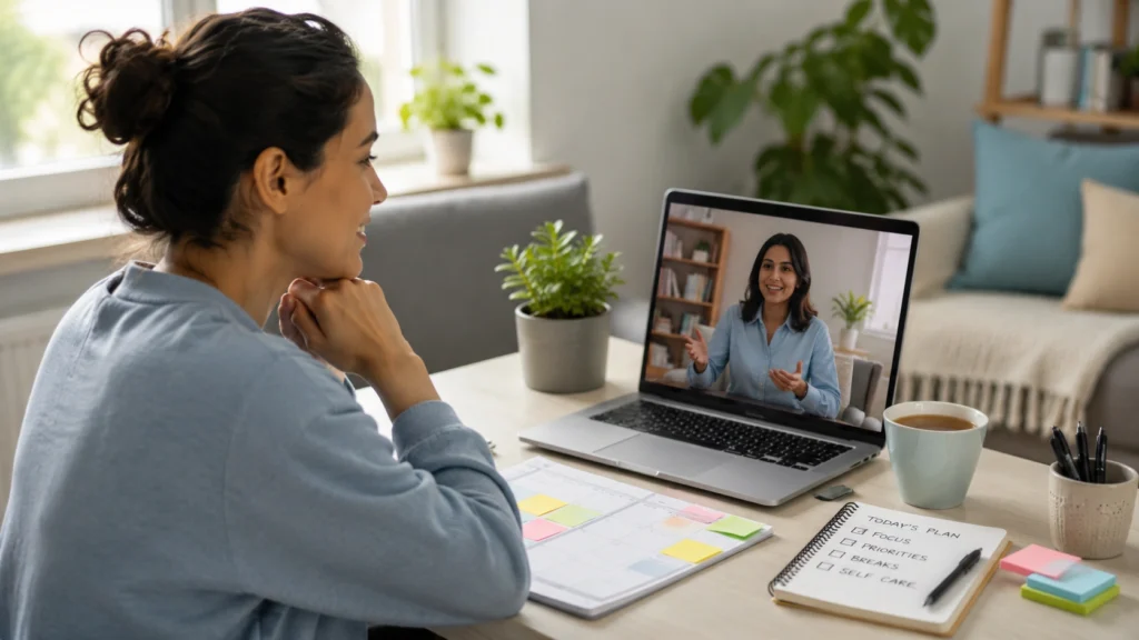 Person receiving online counselling for ADHD and anxiety while learning coping strategies with a psychologist.