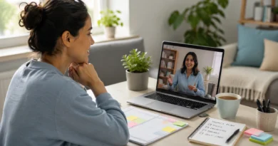 Person receiving online counselling for ADHD and anxiety while learning coping strategies with a psychologist.