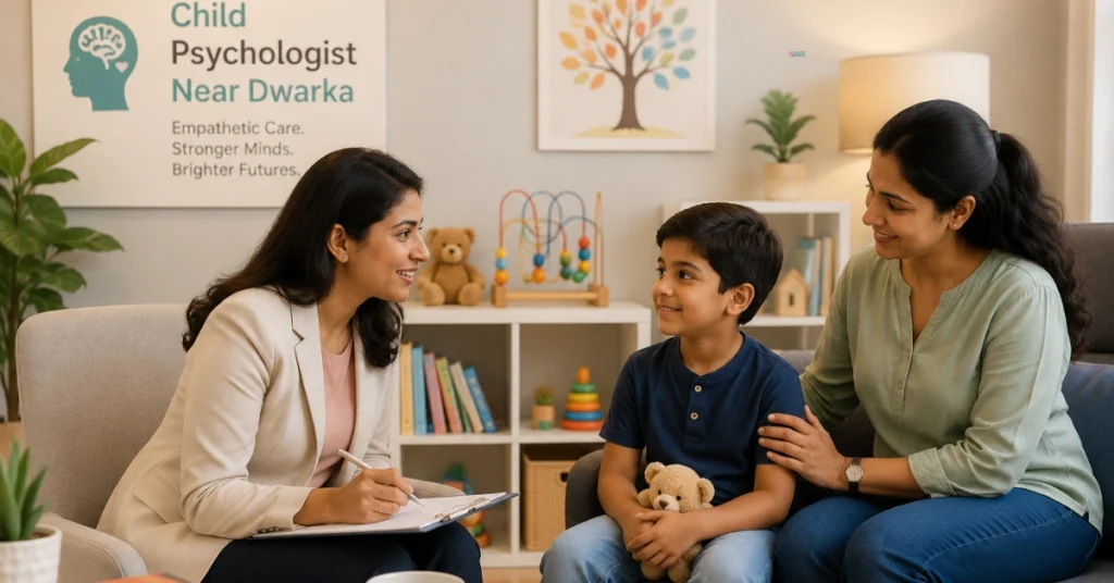 Child psychologist near Dwarka talking with a child in a warm, supportive therapy session.