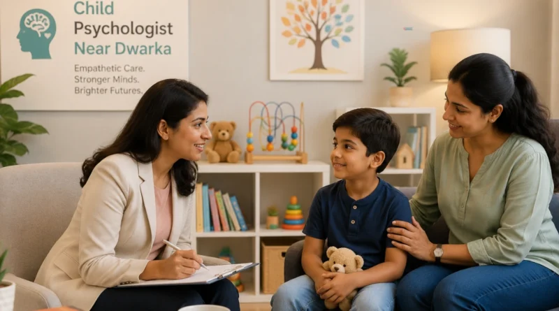 Child psychologist near Dwarka talking with a child in a warm, supportive therapy session.