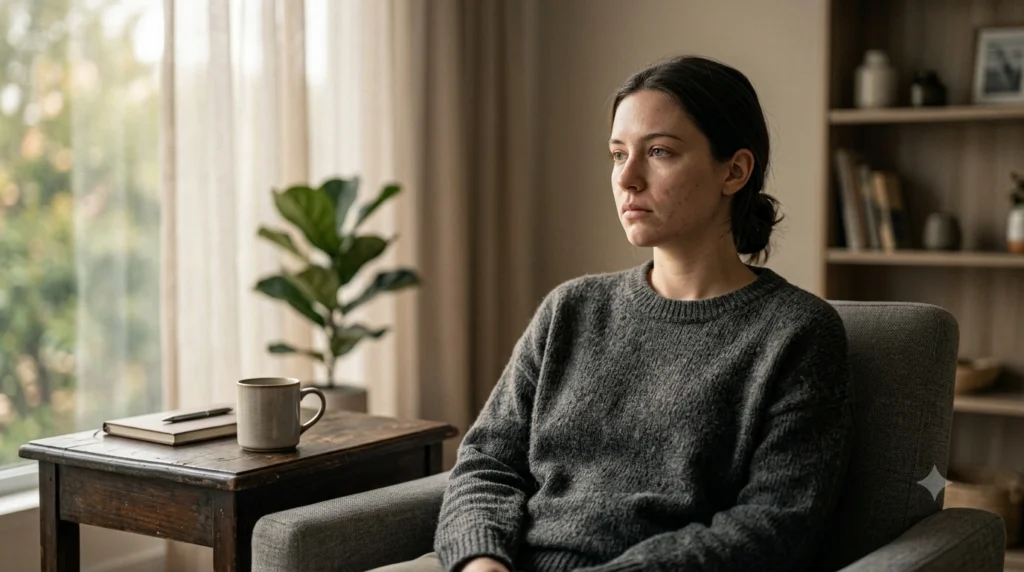 Person sitting alone by a window experiencing emotional numbness in depression before starting online therapy