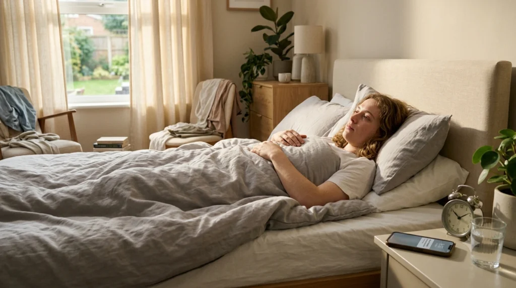 Person in bed struggling with oversleeping due to depression while seeking support through online therapy.