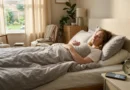 Person in bed struggling with oversleeping due to depression while seeking support through online therapy.