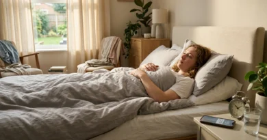 Person in bed struggling with oversleeping due to depression while seeking support through online therapy.
