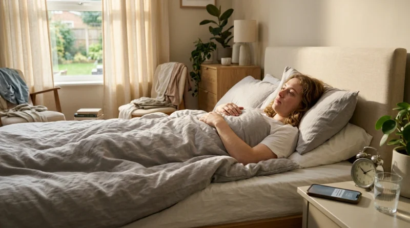 Person in bed struggling with oversleeping due to depression while seeking support through online therapy.