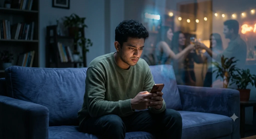 Person feeling anxious while scrolling social media, illustrating FOMO and its emotional impact