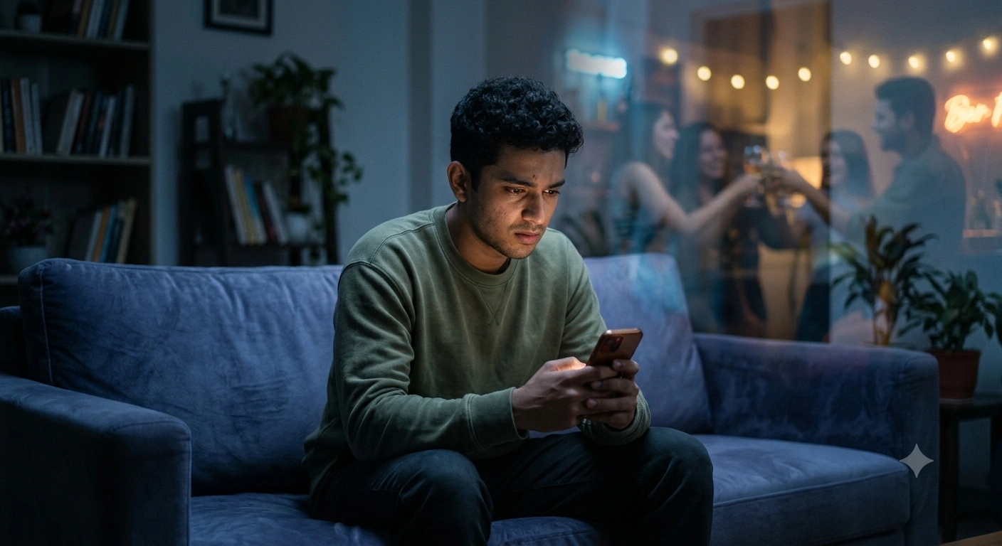 Person feeling anxious while scrolling social media, illustrating FOMO and its emotional impact