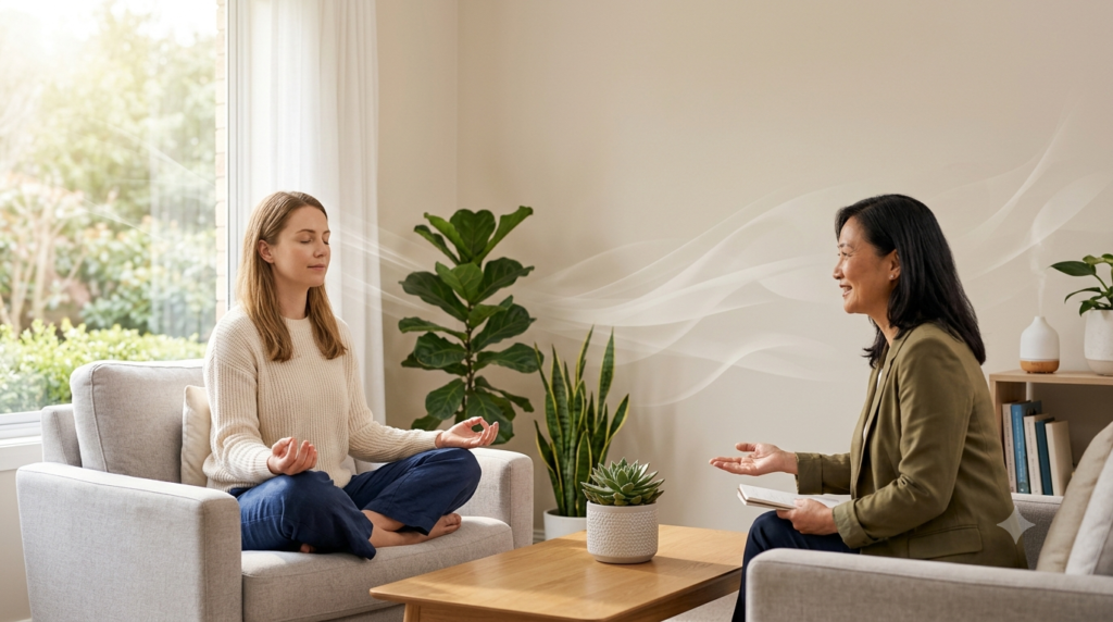 Alt Text: Person practicing mindfulness meditation to manage PTSD symptoms and reduce anxiety.