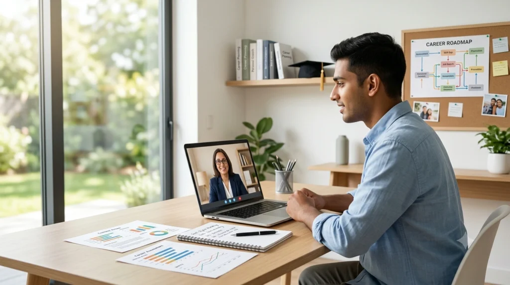Student receiving career counselling online to explore career options and choose the right career path confidently.