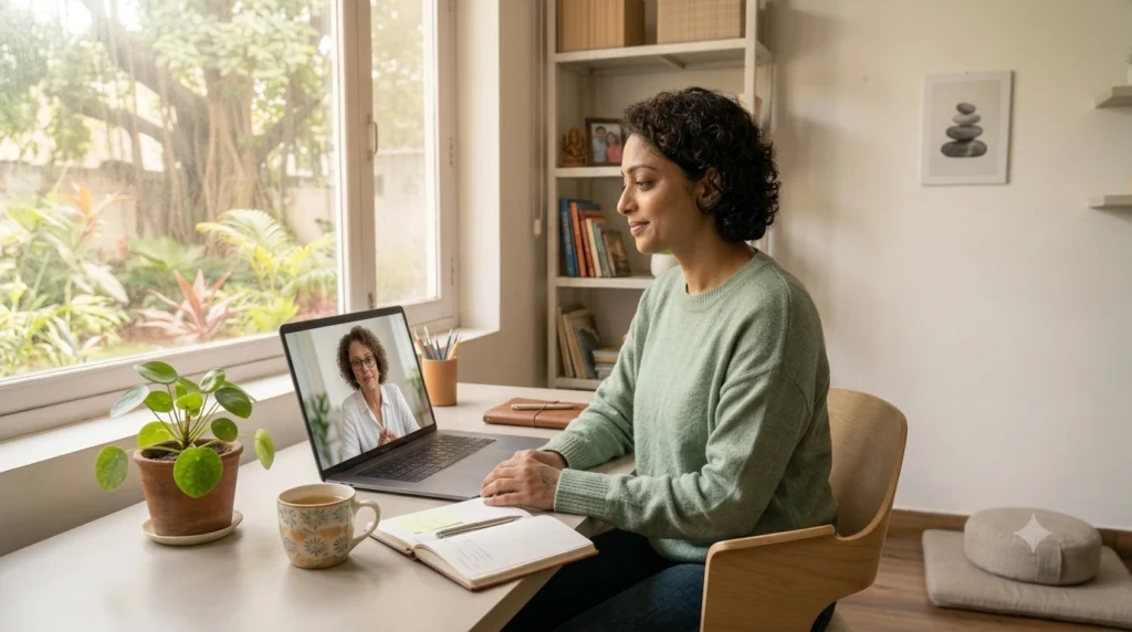 Person practising calming breathing with an online therapist during an temper management counselling session.