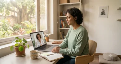 Person practising calming breathing with an online therapist during an temper management counselling session.