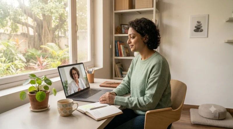 Person practising calming breathing with an online therapist during an temper management counselling session.