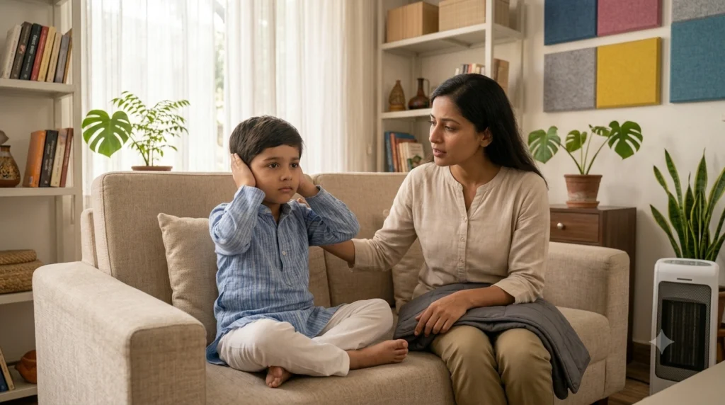Child showing sensitivity to loud noise, bright light, and different textures linked to sensory processing disorder.