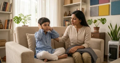 Child showing sensitivity to loud noise, bright light, and different textures linked to sensory processing disorder.
