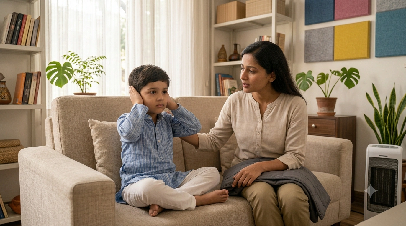 Child showing sensitivity to loud noise, bright light, and different textures linked to sensory processing disorder.