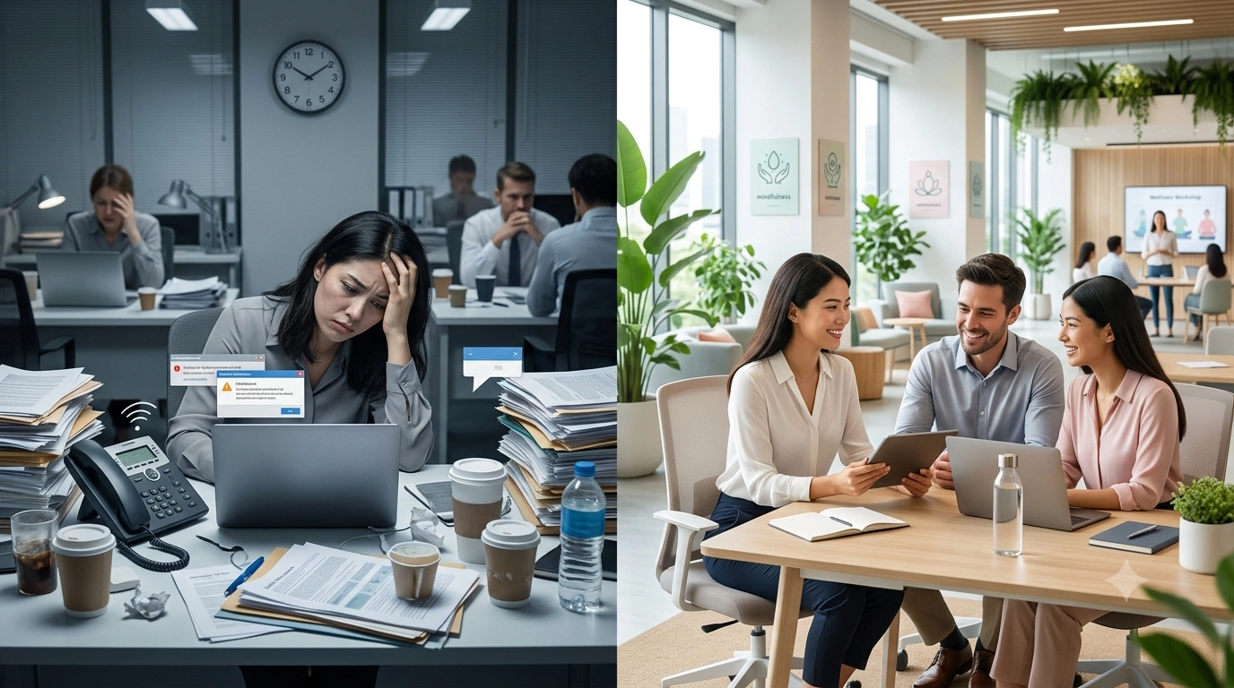 Employee burnout at work and how a workplace wellness program helps reduce stress and improve employee well-being.