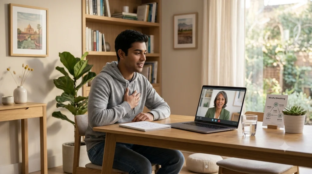 Person attending an online anger management therapy session with a psychologist to build emotional control and calm responses.