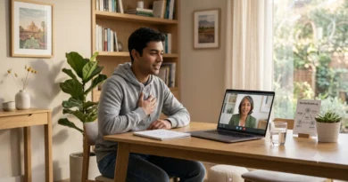 Person attending an online anger management therapy session with a psychologist to build emotional control and calm responses.