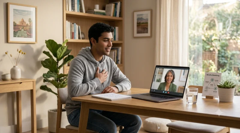 Person attending an online anger management therapy session with a psychologist to build emotional control and calm responses.