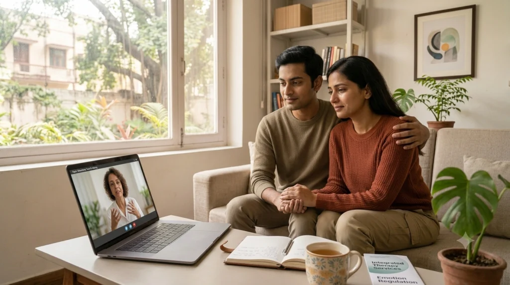 Adult couple rebuilding trust after childhood emotional abuse through online therapy and emotional healing support.