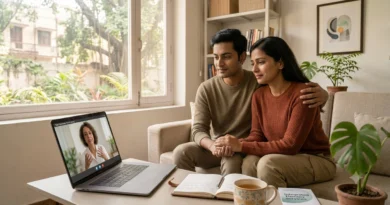 Adult couple rebuilding trust after childhood emotional abuse through online therapy and emotional healing support.
