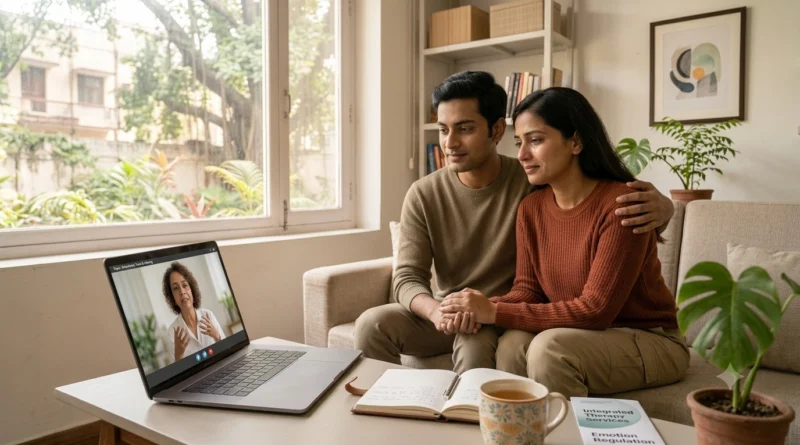 Adult couple rebuilding trust after childhood emotional abuse through online therapy and emotional healing support.