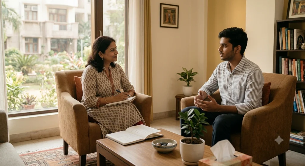 Therapist discussing non-medication ADHD treatment options with a patient in Delhi