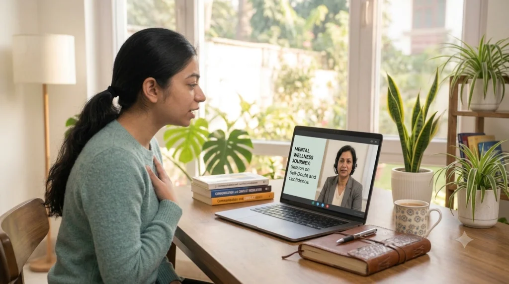 Woman speaking with an online counsellor to overcome self-doubt and build confidence through therapy.