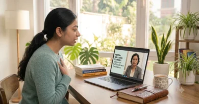 Woman speaking with an online counsellor to overcome self-doubt and build confidence through therapy.