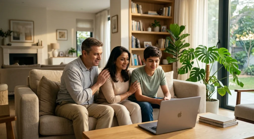Family attending an online counselling session for bipolar disorder to improve communication and rebuild trust.