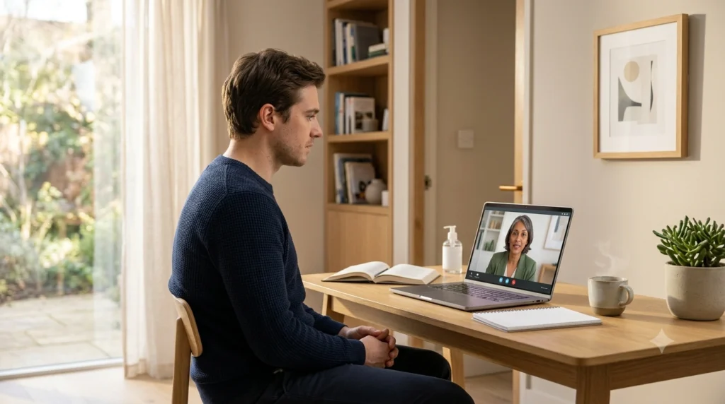 Person attending an online Exposure Therapy for OCD session with a therapist, learning ERP techniques to reduce compulsive behaviours.
