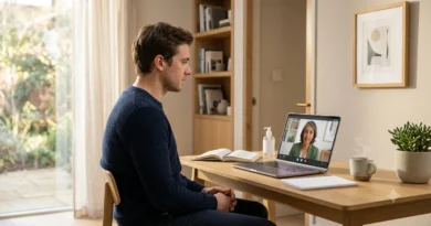 Person attending an online Exposure Therapy for OCD session with a therapist, learning ERP techniques to reduce compulsive behaviours.