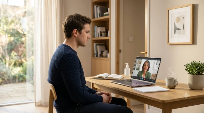 Person attending an online Exposure Therapy for OCD session with a therapist, learning ERP techniques to reduce compulsive behaviours.