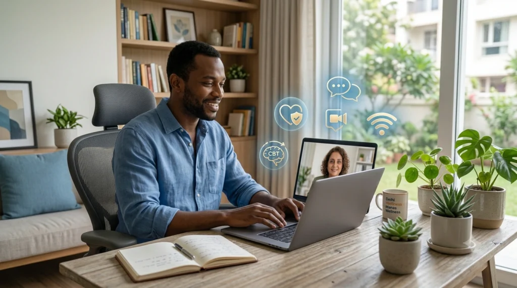 Person attending an online therapy session with a licensed therapist on a laptop from home.