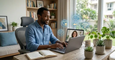 Person attending an online therapy session with a licensed therapist on a laptop from home.