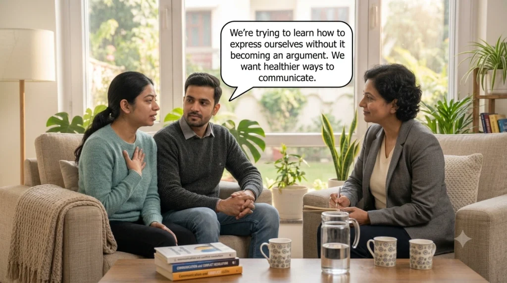 Couple discussing conflict in relationships with a counsellor for healthier communication and resolution.