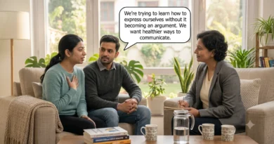 Couple discussing conflict in relationships with a counsellor for healthier communication and resolution.